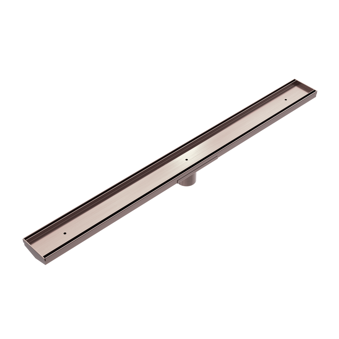 TILE INSERT V CHANNEL FLOOR GRATE 50MM OUTLET WITHOUT OUTLET AND HOLE SAW BRUSHED BRONZE