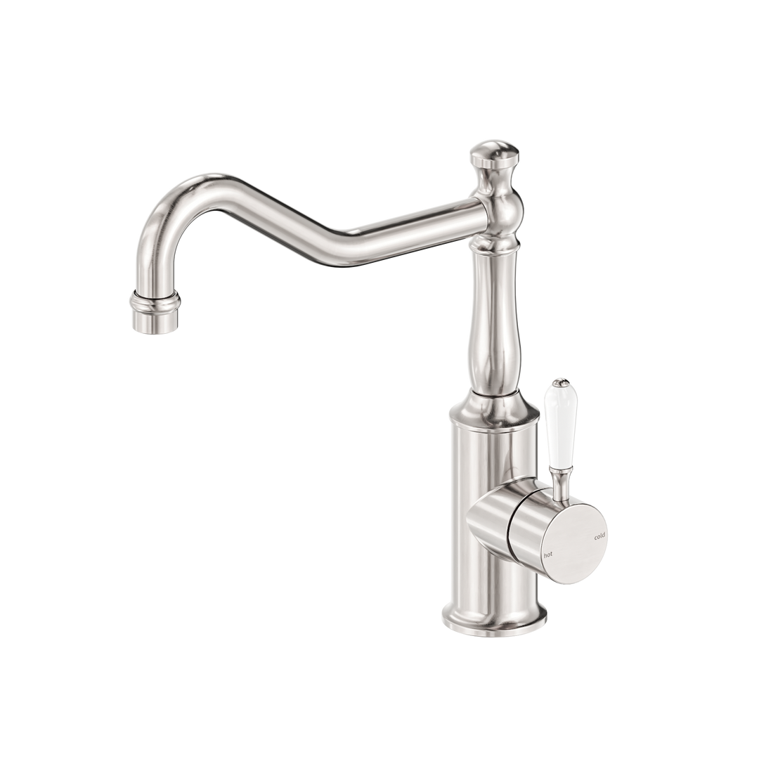 YORK KITCHEN MIXER HOOK SPOUT WITH WHITE PORCELAIN LEVER BRUSHED NICKEL