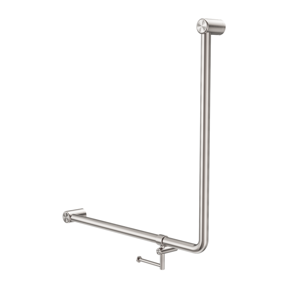 MECCA CARE 32MM 90 DEGREE BENT TUBE GRAB RAIL 750X750MM WITH TOILET ROLL HOLDER BRUSHED NICKEL
