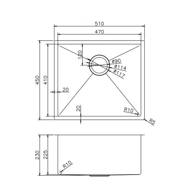 Round Corner Stainless Steel Brushed Brass PVD Coating Single Bowl Kitchen Sink(with Bottom Tray) 510*450*230mm