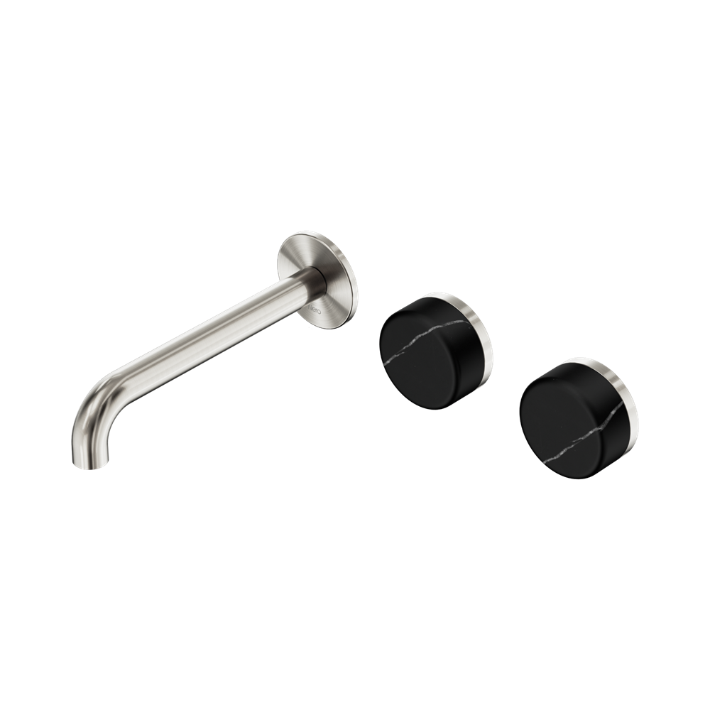 Serenity Wall Basin Set 160mm Offset Spout With Marquina Black Handle Brushed Nickel