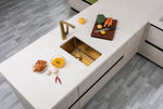 Load image into Gallery viewer, Round Corner Stainless Steel Brushed Brass PVD Coating Single Bowl Kitchen Sink(with Bottom Tray) 250*450*215mm
