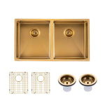 Load image into Gallery viewer, Round Corner Stainless Steel Brushed Brass PVD Coating Double Bowl Kitchen Sink(with Bottom Tray) 770*450*215mm
