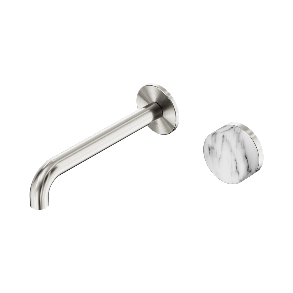 Serenity Progressive Wall Basin Mixer 185mm Spout With Arabescato Corchia Handle Brushed Nickel